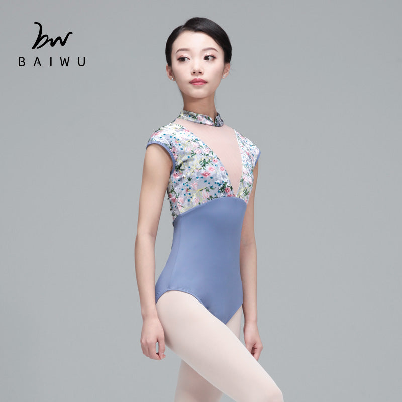 Floral Velvet Ballet Leotard with Mesh Neckline