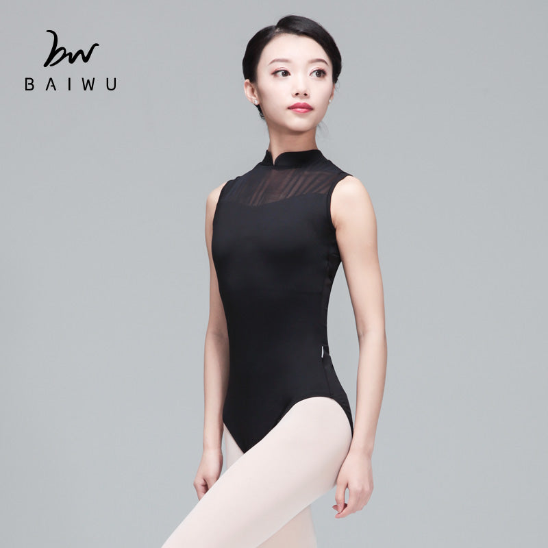 Black high neck sleeveless mesh leotard with Chinese collar and open mesh back, ballet leotard by Baiwu UK