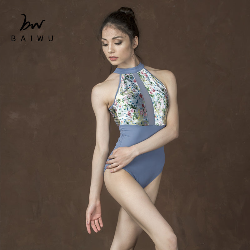 High Neck Floral Velvet Leotard