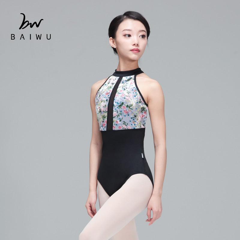 High Neck Floral Velvet Leotard