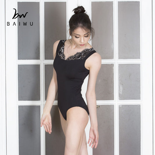 Sleeveless floral lace Bardot leotard with V-neckline, elegant ballet leotard by Baiwu UK