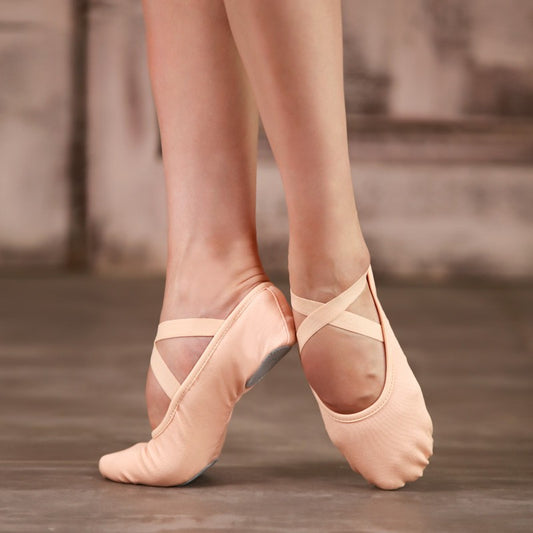 Pink ruche split sole canvas ballet shoe with pre-sewn elastics, ballet shoe by Baiwu UK