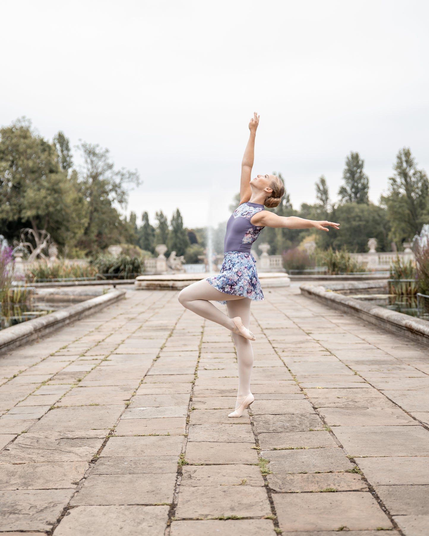 Grey purple floral high neck leotard with intricate floral bodice and open back, dance leotard by Baiwu UK