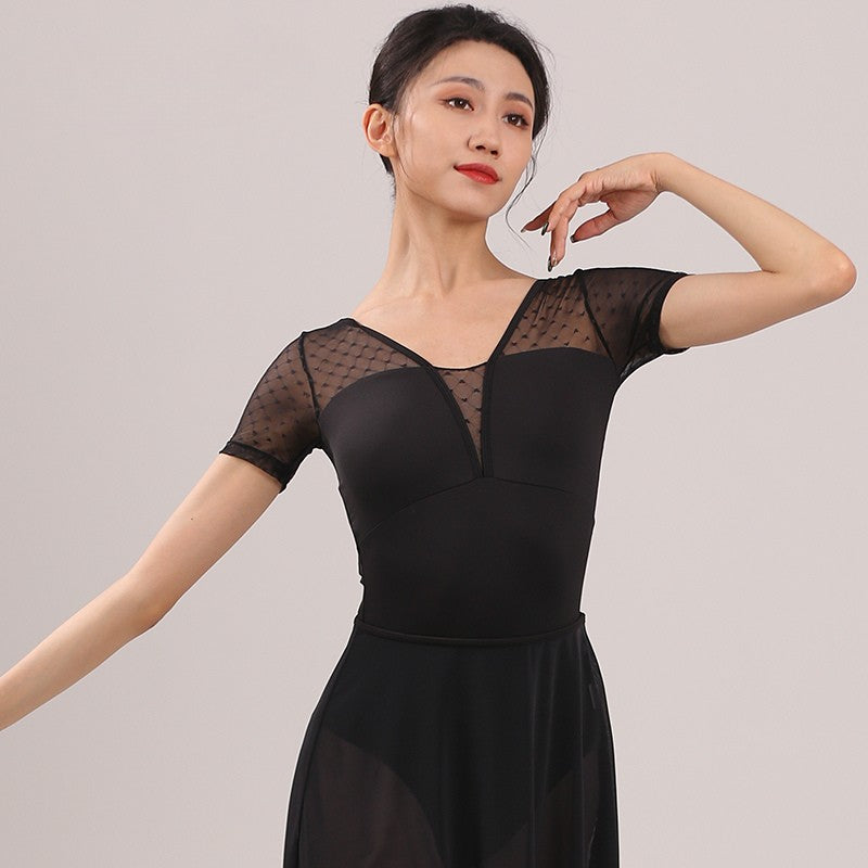 Black spot mesh cap sleeve leotard with scoop V-neckline, women's ballet leotard by Baiwu UK