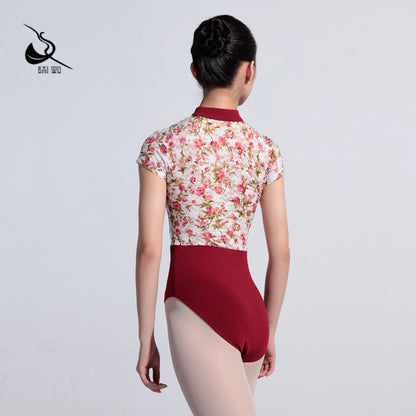 Zip Front Chinese Collar Lace Leotard