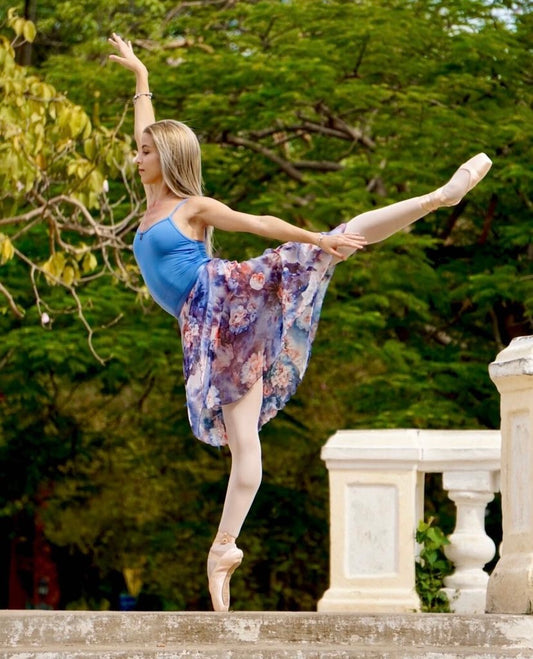 Grey and orange floral mid-length wrap ballet skirt with tie waist, dance skirt by Baiwu UK
