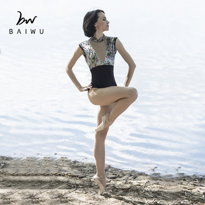 Floral Velvet Ballet Leotard with Mesh Neckline