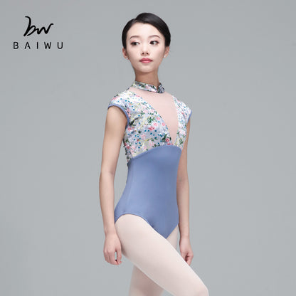 Floral Velvet Ballet Leotard with Mesh Neckline