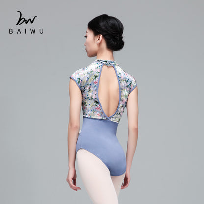 Floral Velvet Ballet Leotard with Mesh Neckline