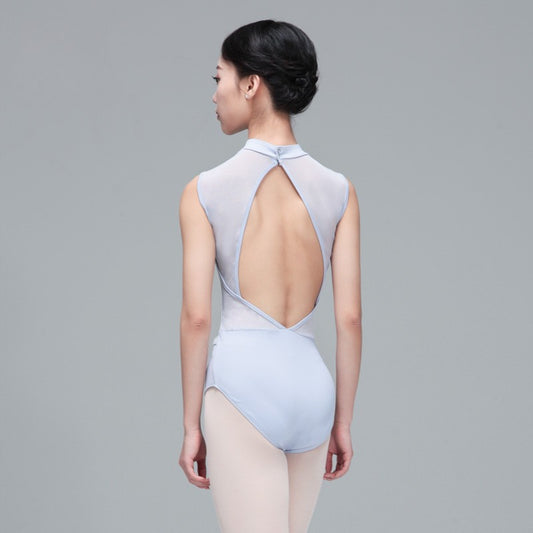 Fog blue high neck sleeveless mesh leotard with Chinese collar and open mesh back, ballet leotard by Baiwu UK