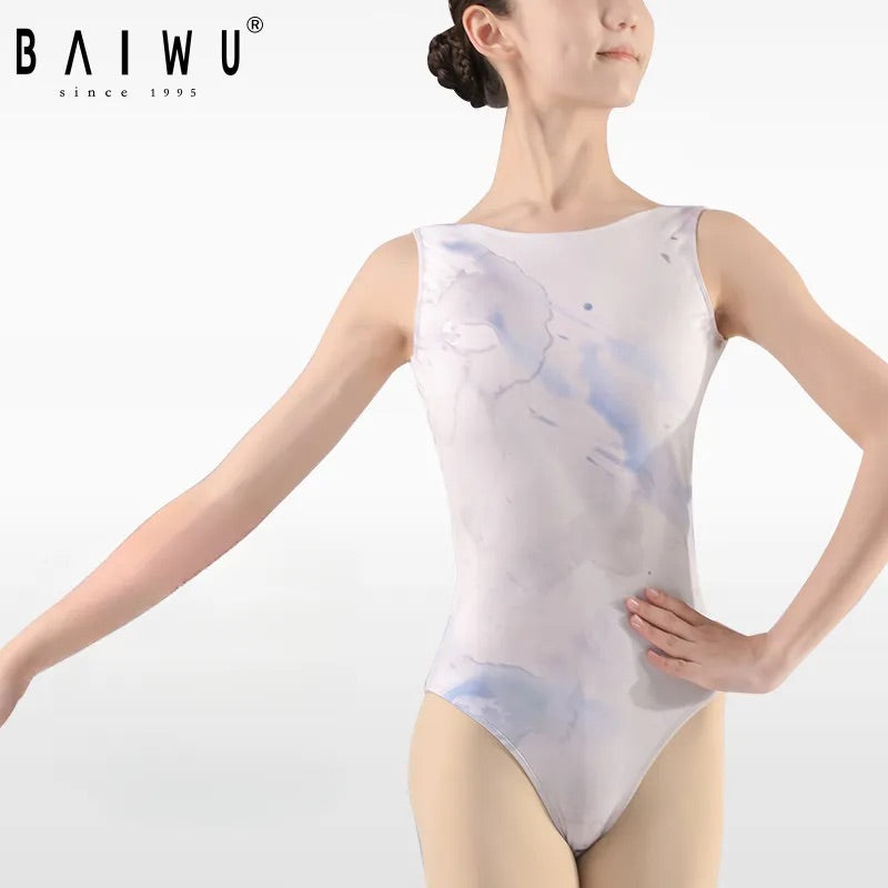 Ink Print Mesh V-Back Leotard