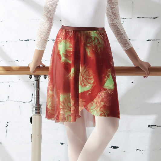 Red and green floral mid-length wrap ballet skirt with tie waist, dance skirt by Baiwu UK