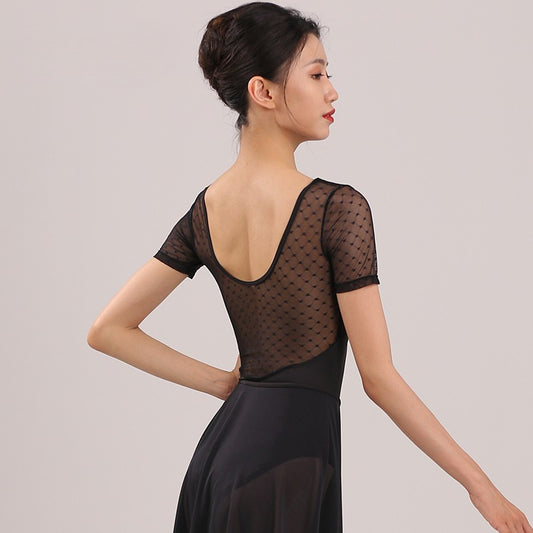 Black spot mesh cap sleeve leotard with scoop V-neckline, women's ballet leotard by Baiwu UK