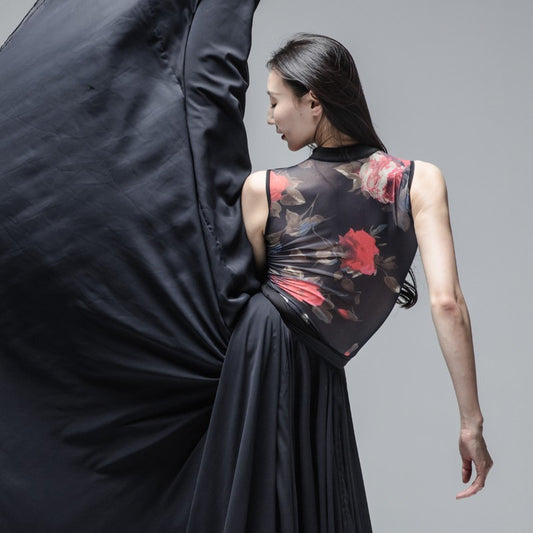 Red and black zip floral mesh camisole leotard, ballet leotard by Baiwu UK