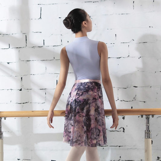 Grey and purple floral mid-length wrap ballet skirt with tie waist, dance skirt by Baiwu UK