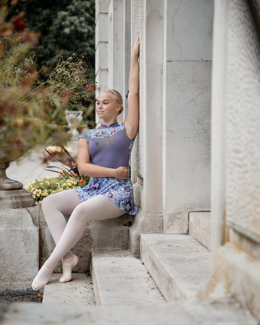 Grey blue classic Chinese collar leotard with floral detail, dance leotard by Baiwu UK