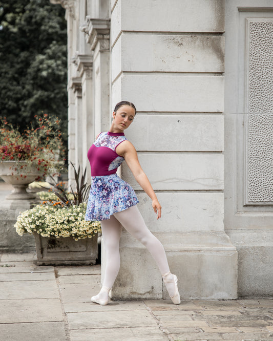 Purple and red floral sleeveless high neck leotard with open back, ballet leotard by Baiwu UK