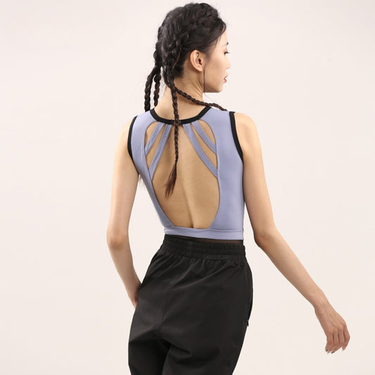 Light blue mesh V panel tank leotard with open back and contrast binding, women's ballet leotard by Baiwu UK